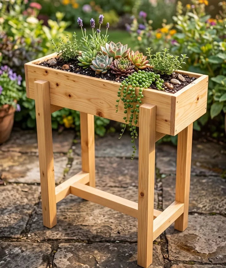 Jardinera de madera clara con patas y suculentas plantadas