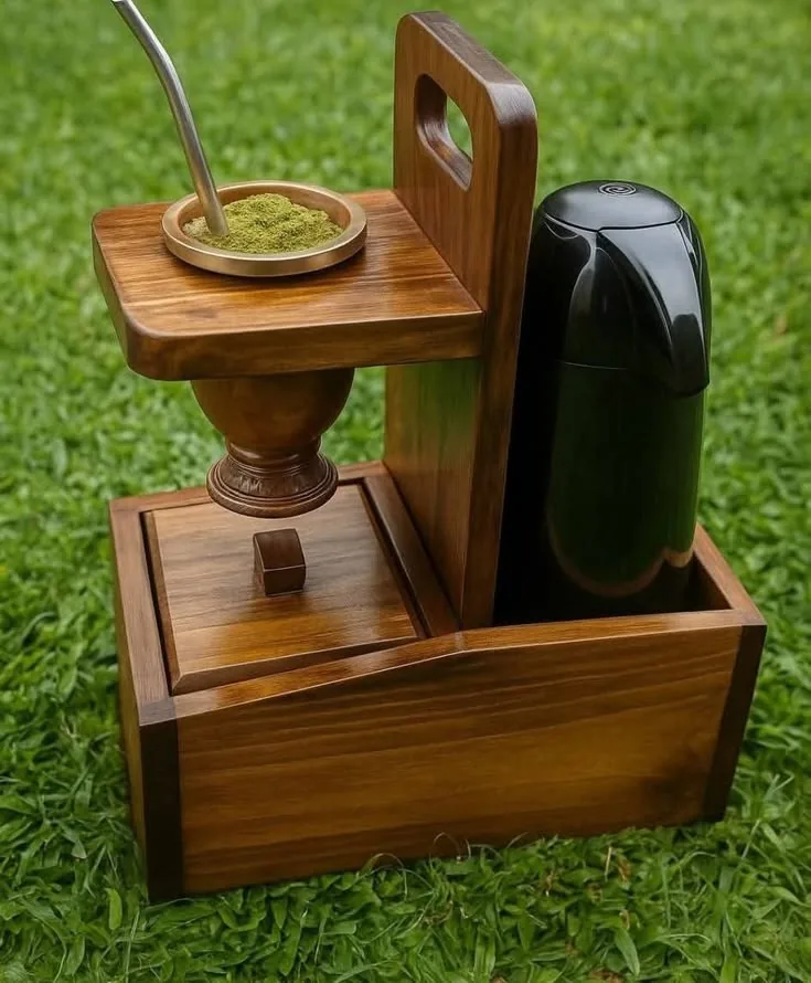 Soporte de madera con un mate, la yerbera y un termo oscuro