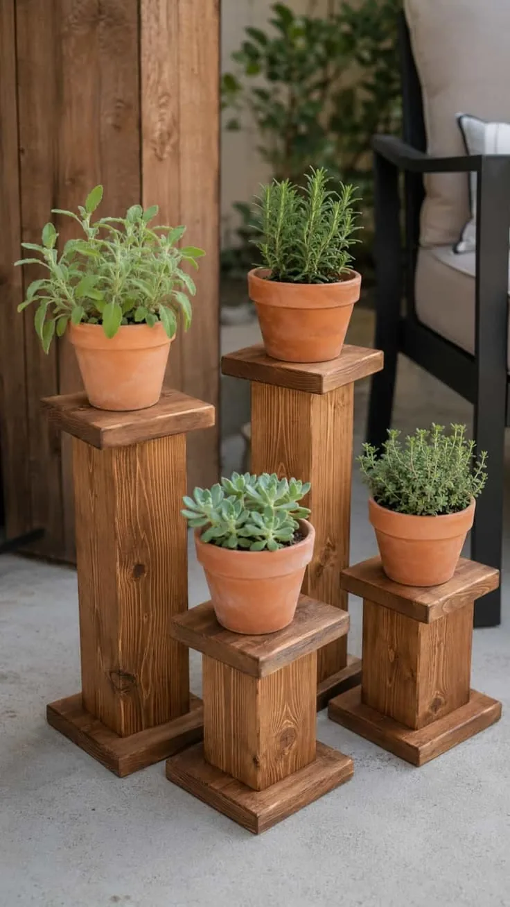 Tres pedestales de madera de distintas alturas con macetas de aromáticas y suculentas